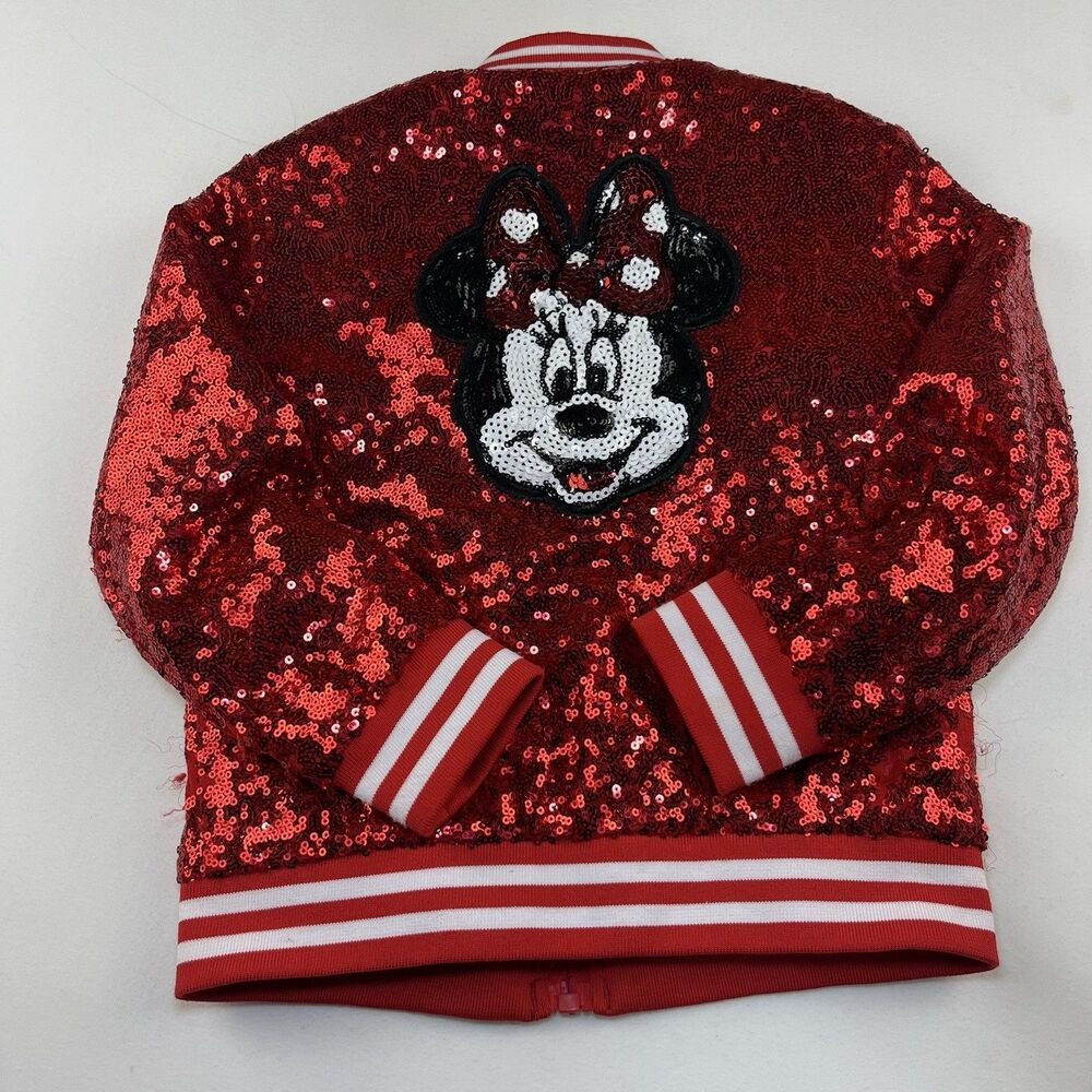 Disney Store Minnie Mouse Girls Red Sequin Varsity Jacket Coat Sparkle Size 4